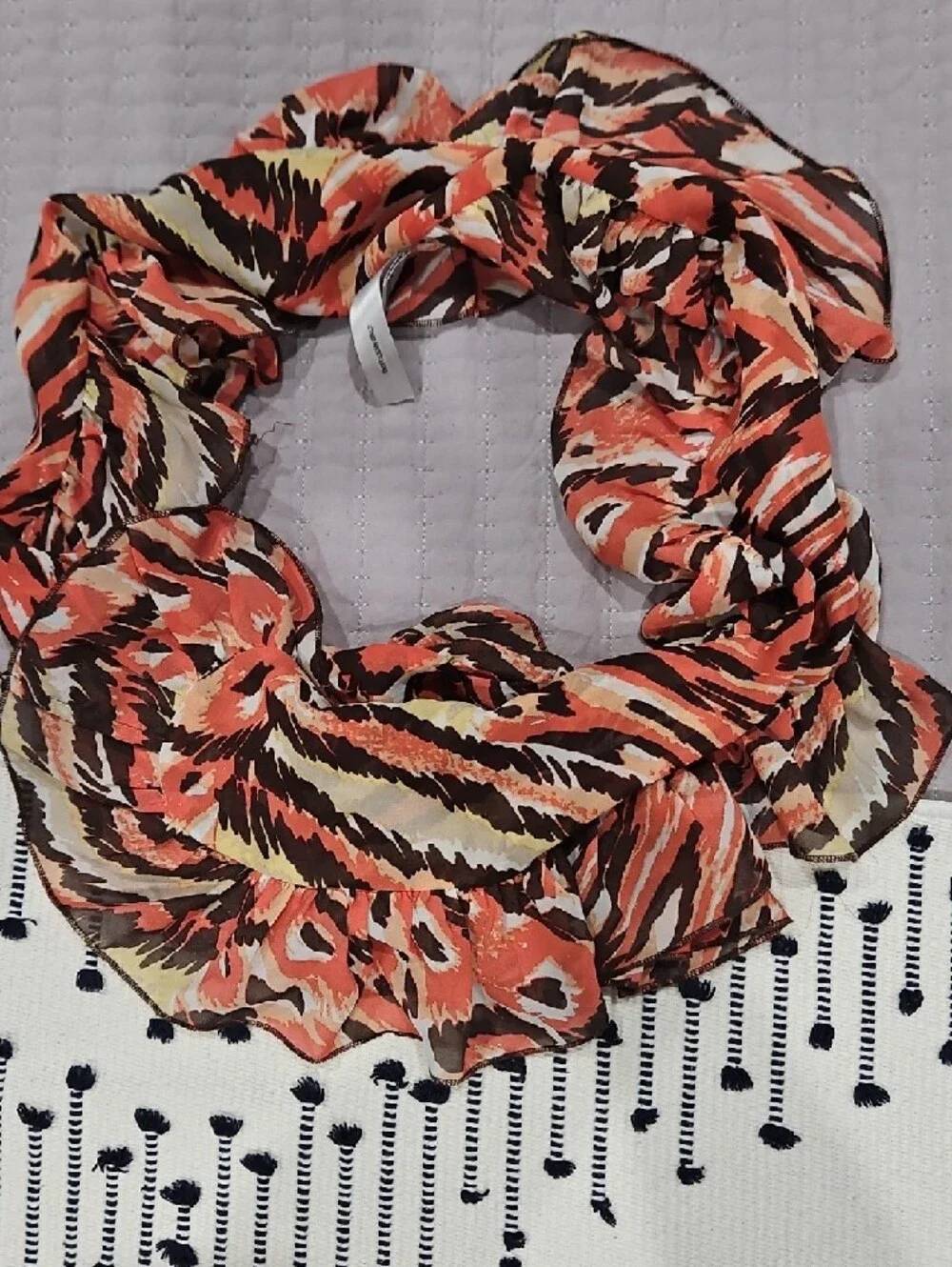 Chico's Ruffled Animal-Print Scarf in Coral, Brown & Cream